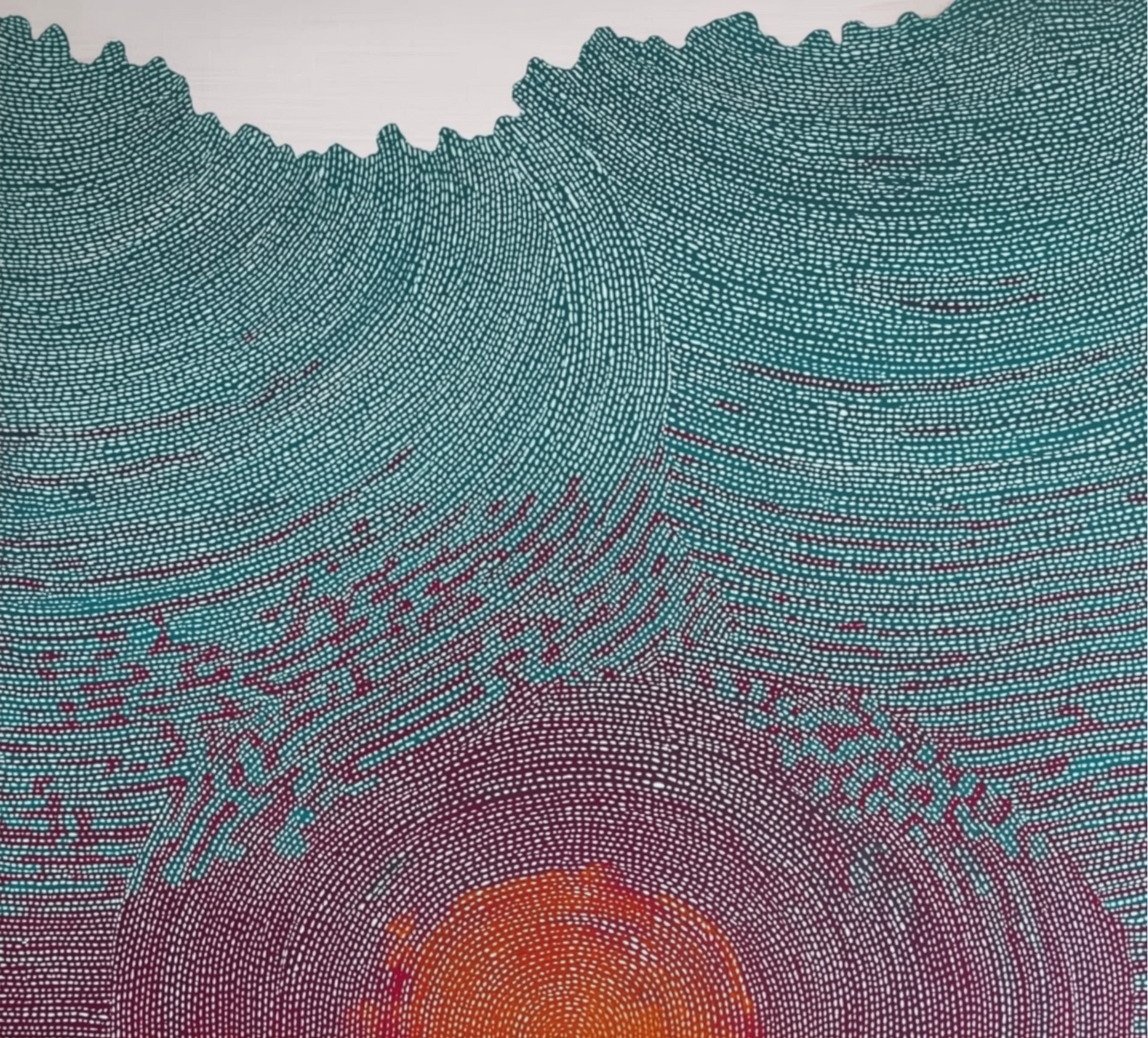 Abstract art piece with concentric circular patterns in teal, purple, and orange.
