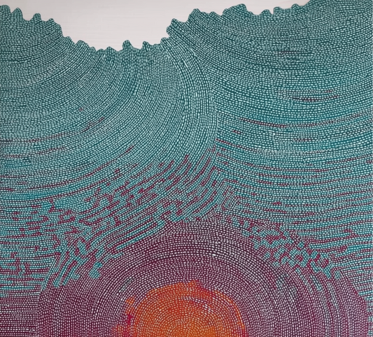 Abstract art piece with concentric circular patterns in teal, purple, and orange.